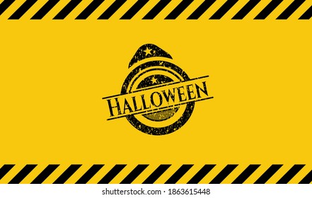 Halloween black grunge emblem inside yellow warning sign. Vector Illustration. Detailed. 