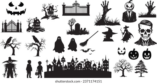 Icono negro de Halloween y juego de caracteres de siluetas en ilustración vectorial. Aislado sobre fondo blanco, fondo transparente, PNG y vector