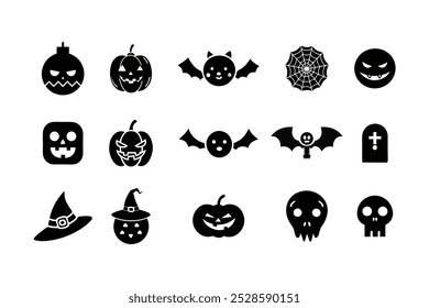 Halloween Black icon set. Bat, Ghost spirit, Black cat, pumpkin with face. Cute cartoon characters. Violet background. Isolated Vector