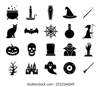 Halloween black icon set. Pumpkin head, coffin, ghost, vampire, and witch vector illustration. Suitable for poster or content design assets