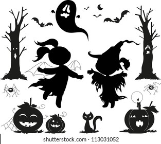 Halloween black icons for kids: girls, pumpkins, creepy trees, a ghost and a cat