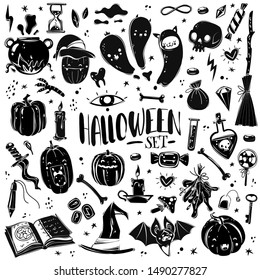 Halloween black icons set in a flat cartoon doodle style hand-drawn big collection all items are isolated. Vector