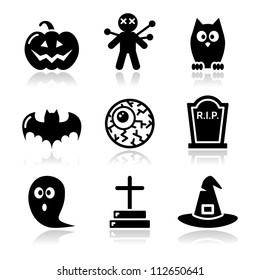 Halloween black icons set - pumpkin, witch, ghost