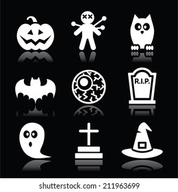 Halloween black icons set - pumpkin, witch, ghost on black