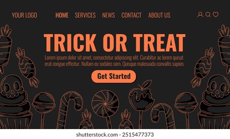 Halloween black landing page vector template. Holiday flat illustration, bottom frame with sweets from lollipop, candy cane, cupcake with skull. For website, web page, online, banner, party or sale