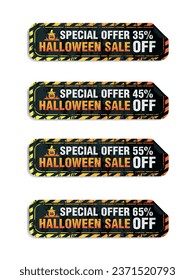 Halloween black long stickers set. Sale 35%, 45%, 55%, 65% off discount. Vector illustration