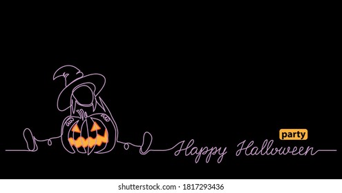 Halloween black night web banner for party notice with scary pumpkin and little witch. One continuous line vector drawing with text Happy Halloween party.