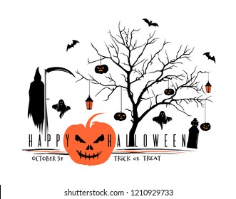 Halloween black orange logo design. Eat, drink, be scared. Trick or treat. October 31. Vector illustration