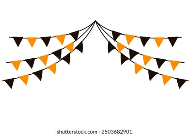 Banderín de Halloween negro y naranja. Guirnalda de Vector con banderas triangulares aisladas sobre fondo blanco.