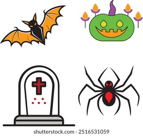 Morcego assustador laranja preto Halloween, jack-o-lantern com velas, aranha preta e ícone de pedra grave definido no fundo branco.