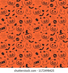 Halloween black orange seamless pattern with main symbols - pumpkins, skull, spiderweb, ghost and bats. Vector illustration