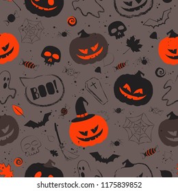 Halloween black orange seamless pattern with main symbols - pumpkins, skull, spiderweb, ghost and bats. Vector illustration