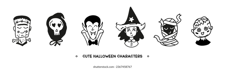 Halloween black outline character set. Cute mummy, witch, zombie, vampire and death. Hand drawn isolated vector 