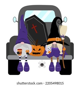 Halloween black pickup truck with gnomes, coffin, pumpkin lantern. Isolated on white background. Perfect for sublimation design, prints, and posters.