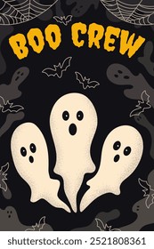 Halloween black poster with flying ghosts and typography Boo Crew. Flat vector illustration. Trendy art design with texture effect for card, invitation, banner, cover, branding.