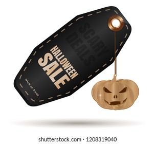 Halloween black price tag with jack-o-lantern. Halloween sale. Halloween business promotion. Scary Deals. Vector illustration isolated on white background