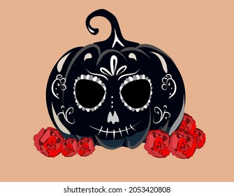 Halloween, black pumpkin in roses, white pattern and skeleton face makeup, day of the dead. día de los muertos.