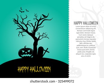 Halloween black pumpkin vector illustration background card
with scary tree and bats