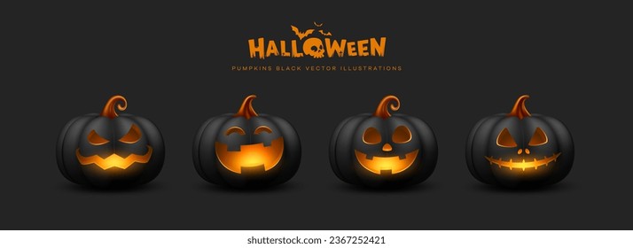 Halloween Black pumpkins Smiling and scary face, collections design on dark black background, Eps 10 vector illustration