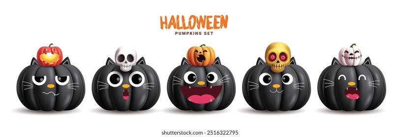 Halloween black pumpkins vector set design. Pumpkins black cat characters cute collection with creepy, spooky and scary elements. Vector illustration horror cat characters set. 
