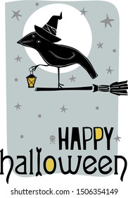 halloween black raven flighing on broom poster 