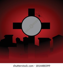 Halloween Black And Red Background With Graveyard And Tombstone With Circular Copy Space And Text Watermark Inside It And Spider Silhouette