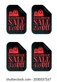 Halloween black sale stickers set with scary shopping bags. Halloween sale 15%, 25%, 35%, 45% off. Vector illustration
