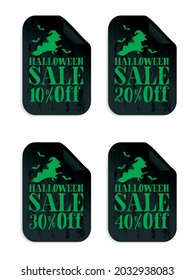 Halloween black sale stickers set with witch. Halloween sale 10%, 20%, 30%, 40% off. Vector illustration