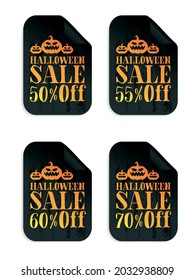 Halloween black sale stickers set with pumpkin. Halloween sale 50%, 55%, 60%, 70% off. Vector illustration