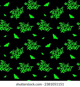 Halloween black seamless pattern with bats and green lettering Trick or Treat.Vector background and texture for printing on fabric and paper.Scary event decoration.