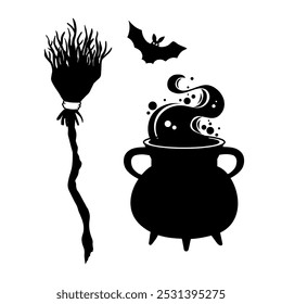 Halloween black set: pot, witches broom, bat. Vector illustration on white background.