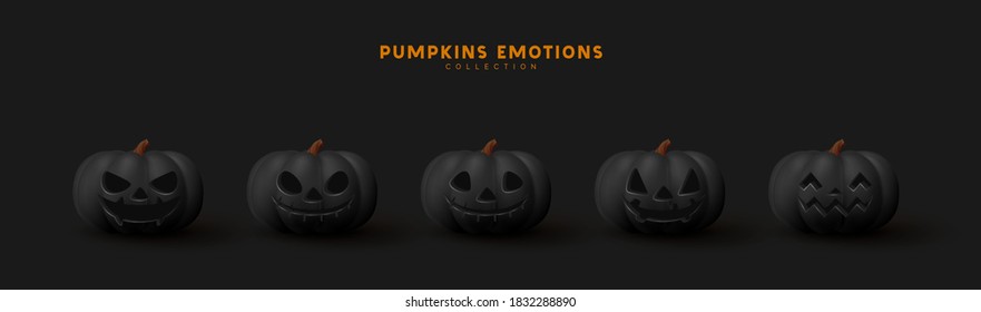 Halloween black Set of pumpkin for holiday. Realistic 3d black pumpkins with cut scary good joy smile. Collection of 3d objects. Design elements isolated on dark background. Vector illustration