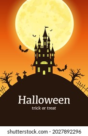 Halloween black silhouette castle and moon vector illustration (background)