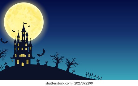 Halloween black silhouette castle and moon vector illustration (background)