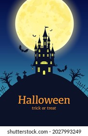 Halloween black silhouette castle and moon vector illustration (background)