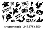 Halloween black silhouette clipart hand drawn quote lettering set. Ghosts, bats, pumpkin, spider, skull with crossed bones and withch