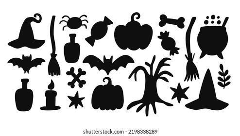 Halloween black silhouette elements set. Funny Hand drawn cartoon shapes, isolated on white. Vector illustration. Seasonal objects and symbols. Kids decoration icons collection. Vector illustration