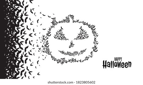 Halloween Black silhouette of flock of bats. Halloween bats concepts and isolated on white background. Halloween traditional design element. Vector illustration.