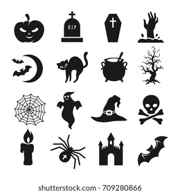 Halloween black silhouette icons. Pumpkin and spider, bat and tombstone vector silhouettes