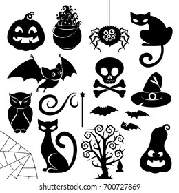 Halloween black silhouette icons set vector. Pumpkin, black cats, bat, skull, spider, lollipop, magic hat, scary tree - good for holiday design