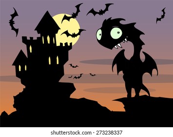 Halloween black silhouette illustration of a monster castle