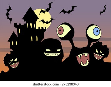 Halloween black silhouette illustration of a monster castle