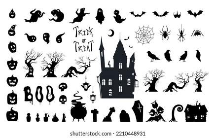 Halloween black silhouette illustrations big vector set. Castle, spooky trees, plants, bats, potions, ghosts, pumpkins, spiders, lettering etc.