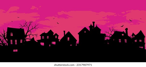 Halloween black silhouette on purple background with halloween buildings, minimalist backgrounds