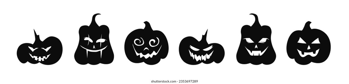 Halloween black silhouette pumpkins with face isolated on a white background.