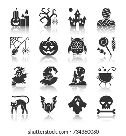 Halloween black silhouette with reflection icon set. Monochrome flat design symbol collection. Simple graphic pictogram pack. Web, card, party, tag, print, logo, banner concept. Vector illustration