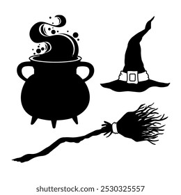 Halloween black silhouette set: pot, witches hat, broom. Vector illustration on white background.