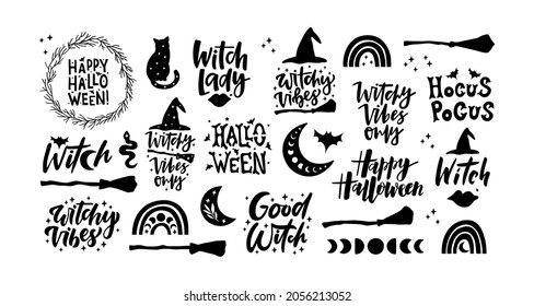 Halloween black silhouettes collection. Vector illustration isolated on white background. Holiday quote, witch hat, broom, cat. For poster, greeting card, sticker. 31 October design.
