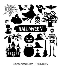 Halloween black silhouettes. Happy halloween vector night icons, bat and skeleton, owl and ghost