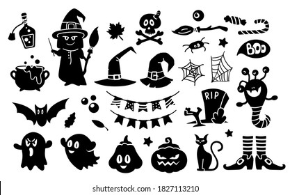 Halloween black silhouettes, kids holiday clipart bundle - witch, witch hat, cat, monster, ghost, spider web, broom, bat, candies, grave and zombie - isolated elements on white background vector